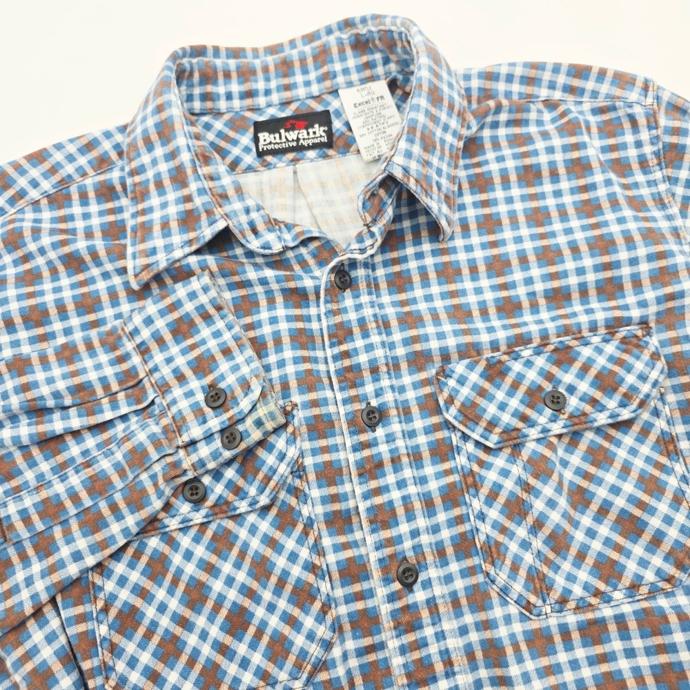 Bulwark Excel FR Plaid Work Shirt Mens Large Blue Brown Flame Resistant 2112